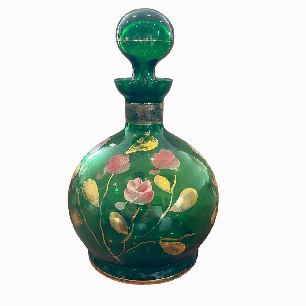 Antique Hand Painted Green Glass Decanter Original Stopper Gold Trim